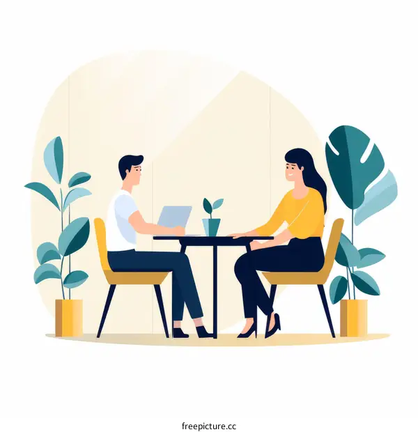 A man and a woman are sitting at a table and talking