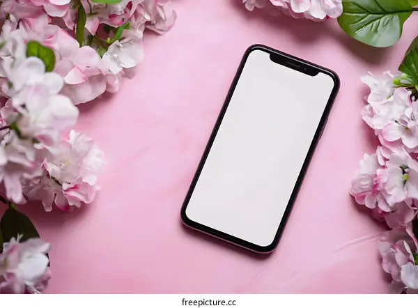 Pink Background With White Flowers And Mockup Smartphone