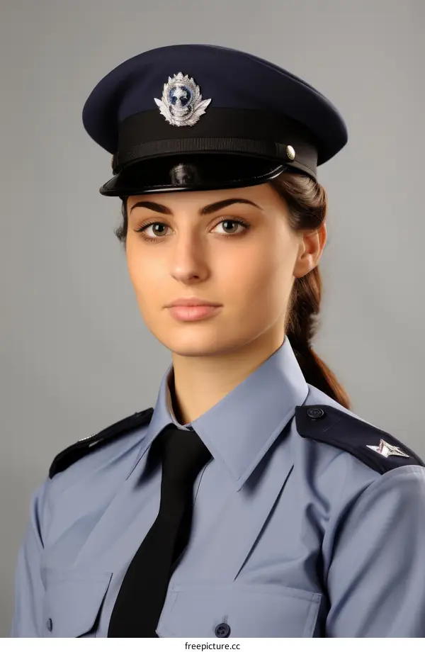 A policewoman in uniform with a serious expression on her face
