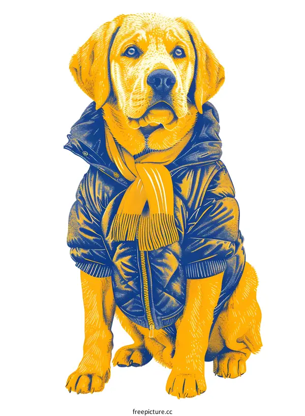 A cute Labrador Retriever wearing a blue and yellow jacket and scarf