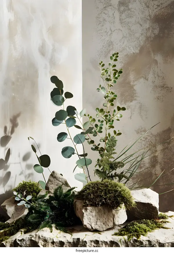 Green Plants On Rocks With Beige Wall Background