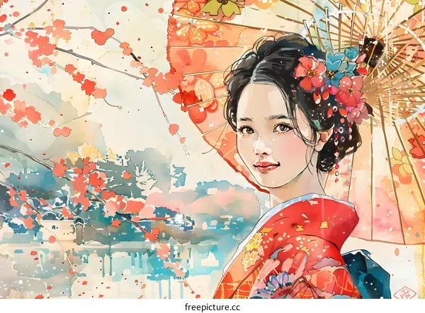 An illustration of a Japanese woman wearing a kimono and holding an umbrella