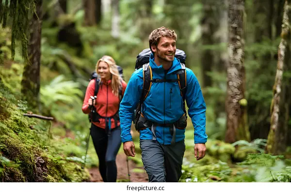 Couple Hiking Through Forest Trail