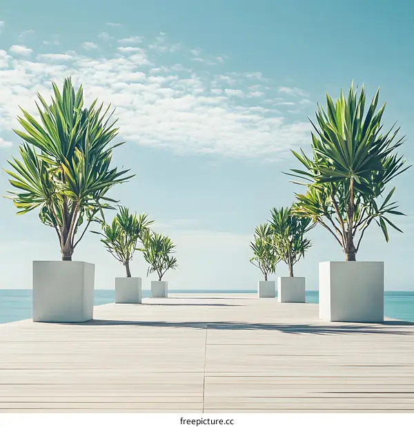 Tropical Plants On A Wooden Deck Leading To Ocean