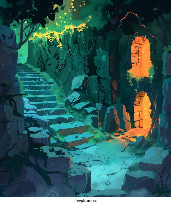 Mystic Forest Path with Glowing Entrance