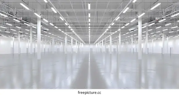 Empty White Warehouse with Fluorescent Lighting