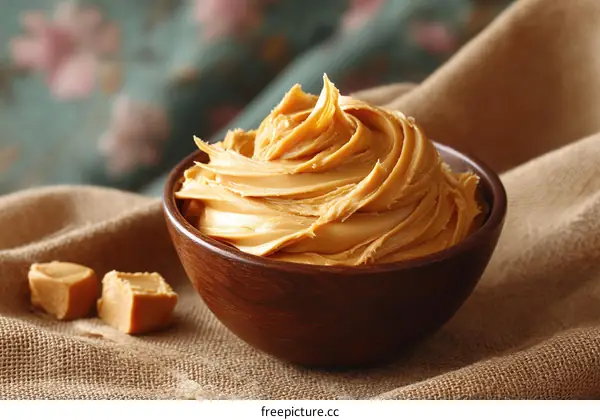 Delicious Creamy Peanut Butter in a Wooden Bowl