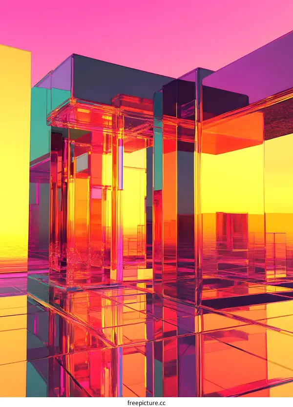 Abstract Glass Building Architecture In Neon Colors