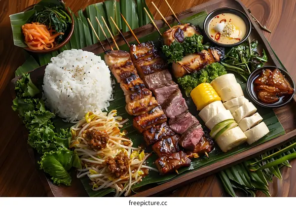 Various kinds of meat and vegetable skewers served on a banana leaf with rice and dipping sauces
