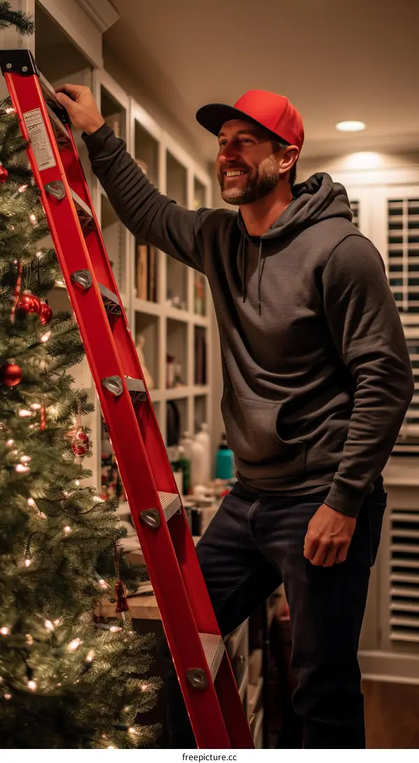 A Man on a Ladder is Decorating a Christmas Tree