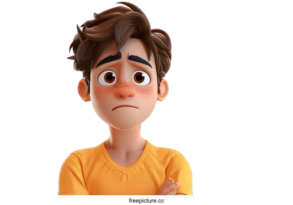 [Transparent Background PNG]Sad Cartoon Boy with Brown Hair in Yellow Shirt
