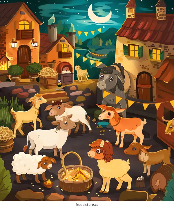 Nighttime Village Illustration with Animals and a Crescent Moon