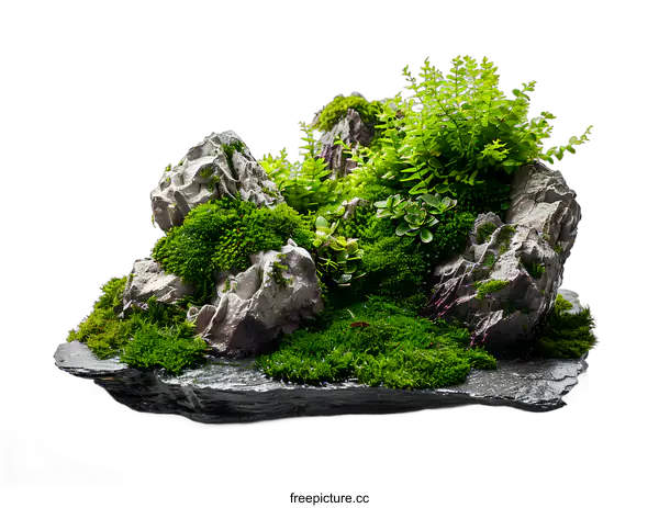 [Transparent Background PNG]Green Moss and Stone Terrarium Landscape