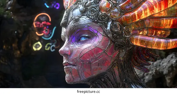 Crystal Woman with Intricate Details and Neon Lights in the Background