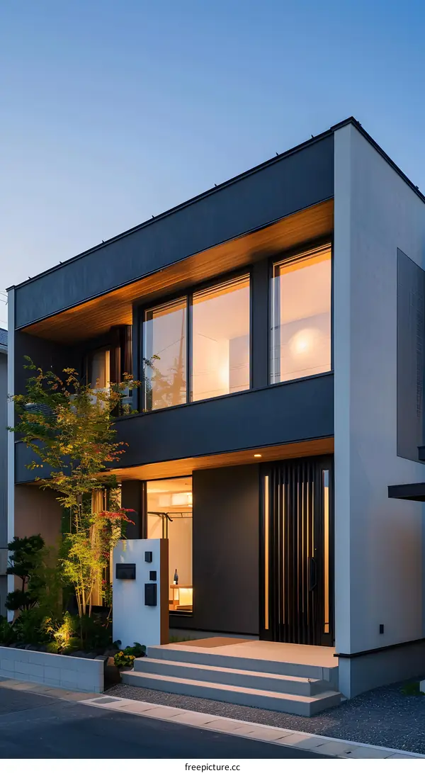 Modern Japanese House with Large Windows and Wooden Accents