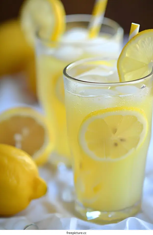 Refreshing Lemonade with Lemon Slices and Ice in Glass