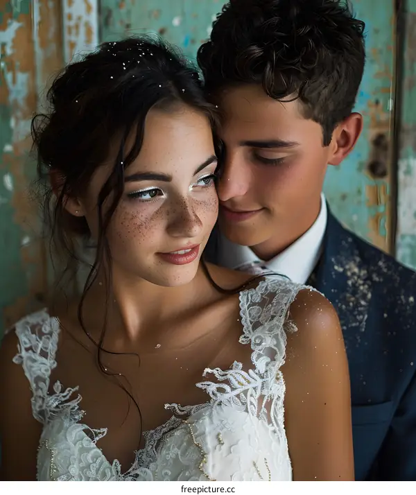Beautiful bride and groom cuddle on the beach