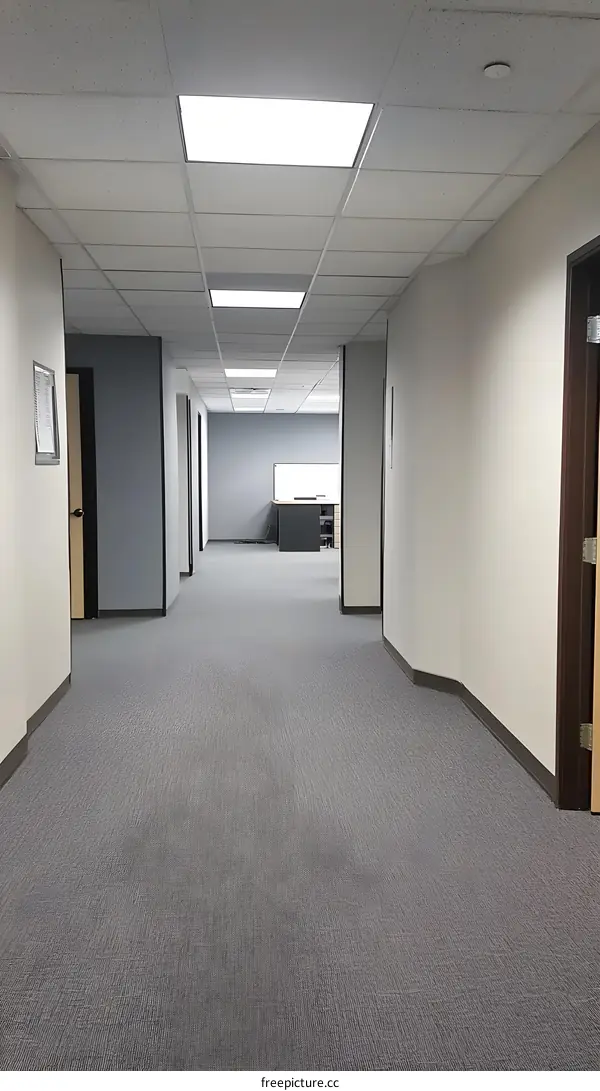 Empty Hallway with Grey Carpet and Doors