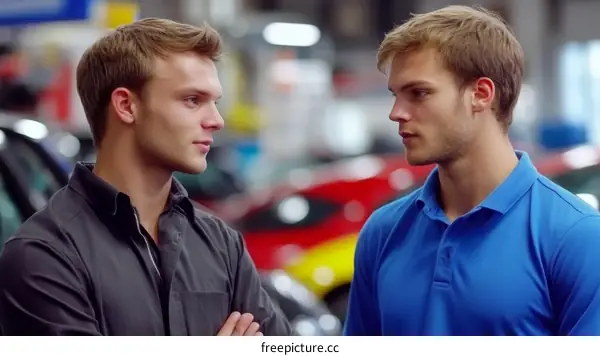 Two Caucasian Men Discussing in Automotive Showroom