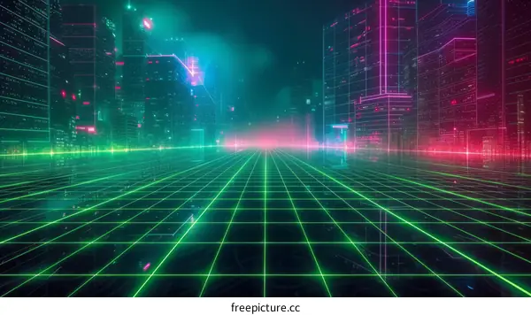 futuristic city illustration with green and pink neon lights