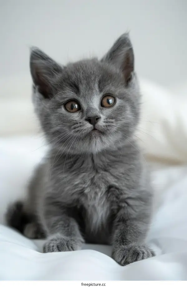 A cute gray kitten is sitting on a white blanket and looking up