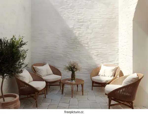 Minimalist Patio Design With White Walls And Wicker Chairs