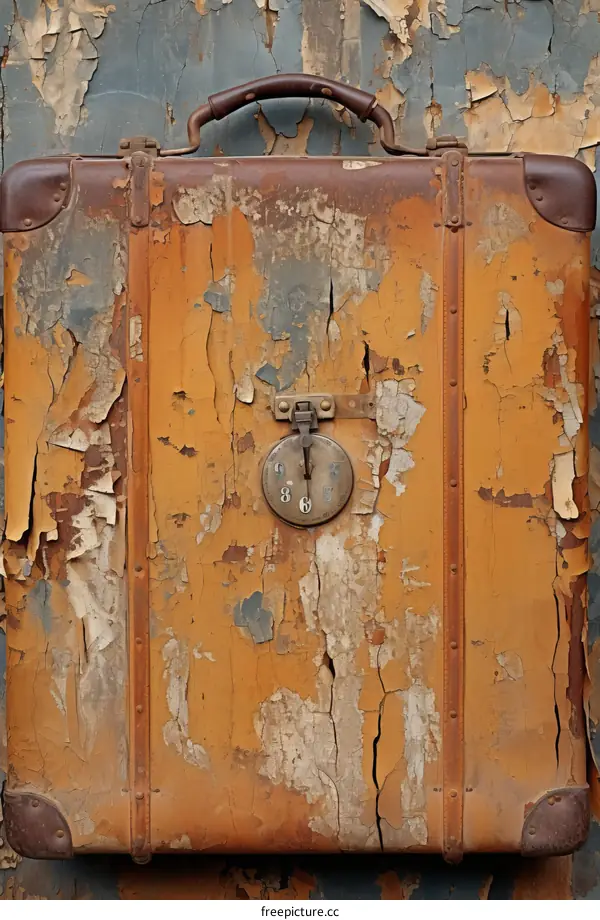 Vintage Brown Suitcase with Peeling Yellow Paint