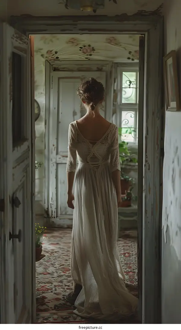 A woman standing in a doorway with her back to the camera