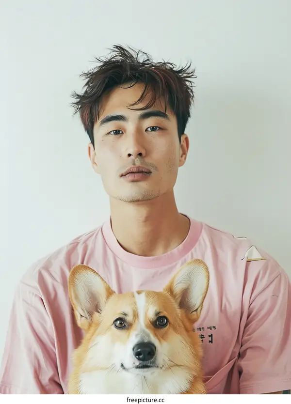 A young man with a corgi dog