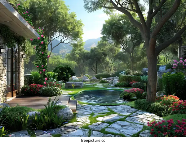 A house built with stones and wood at the foot of a mountain