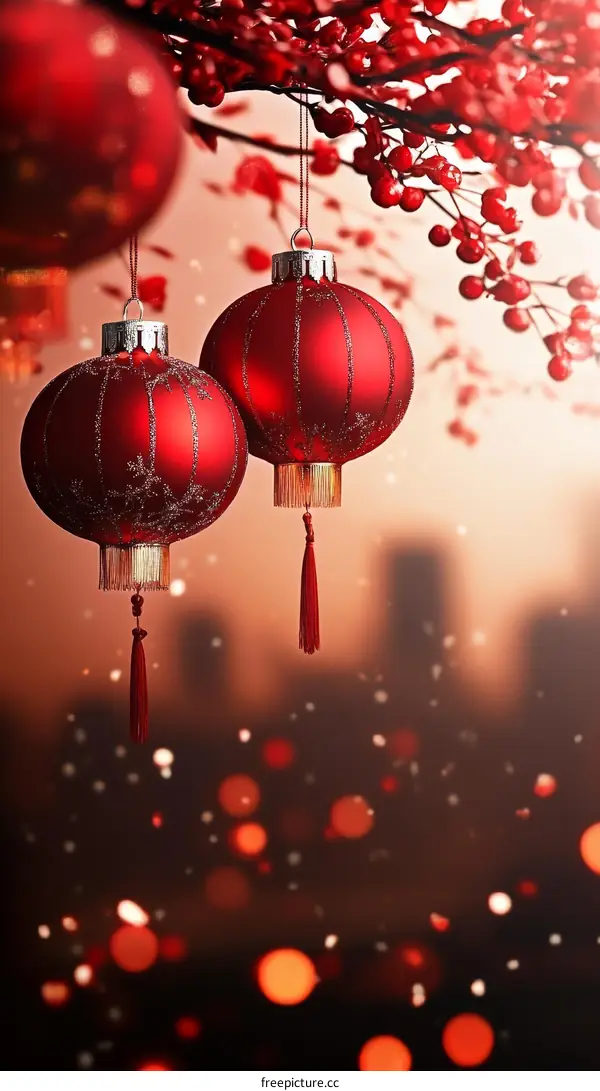 Red Christmas Lanterns Hanging from Branches