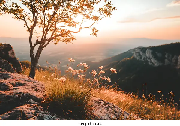 Sunset View From Mountain Top With Flowers And A Tree