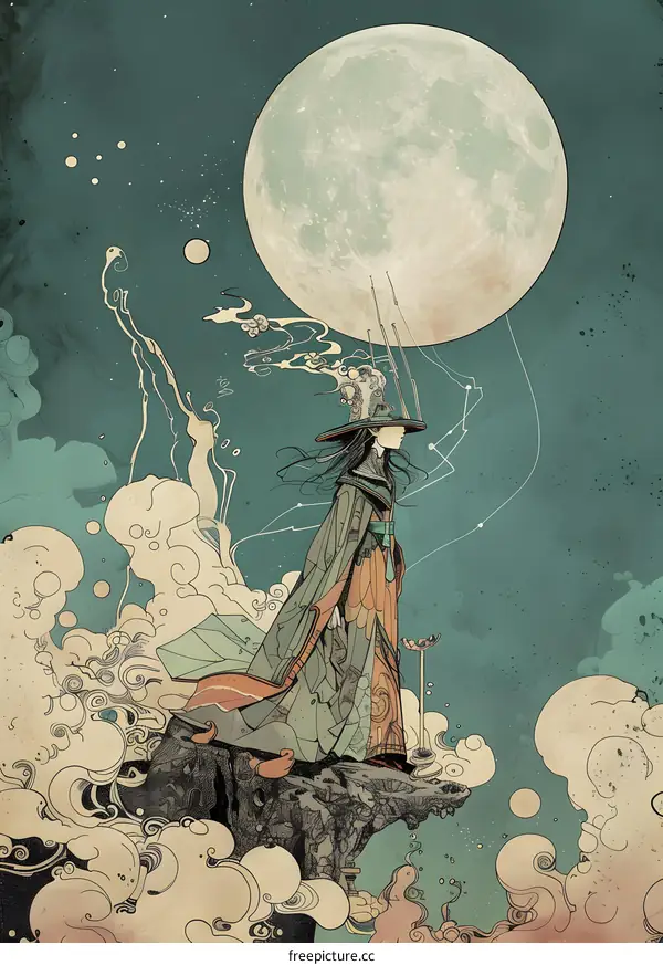 Fantasy Illustration of a Woman in a Robe Standing on a Cliff with a Full Moon in the Background