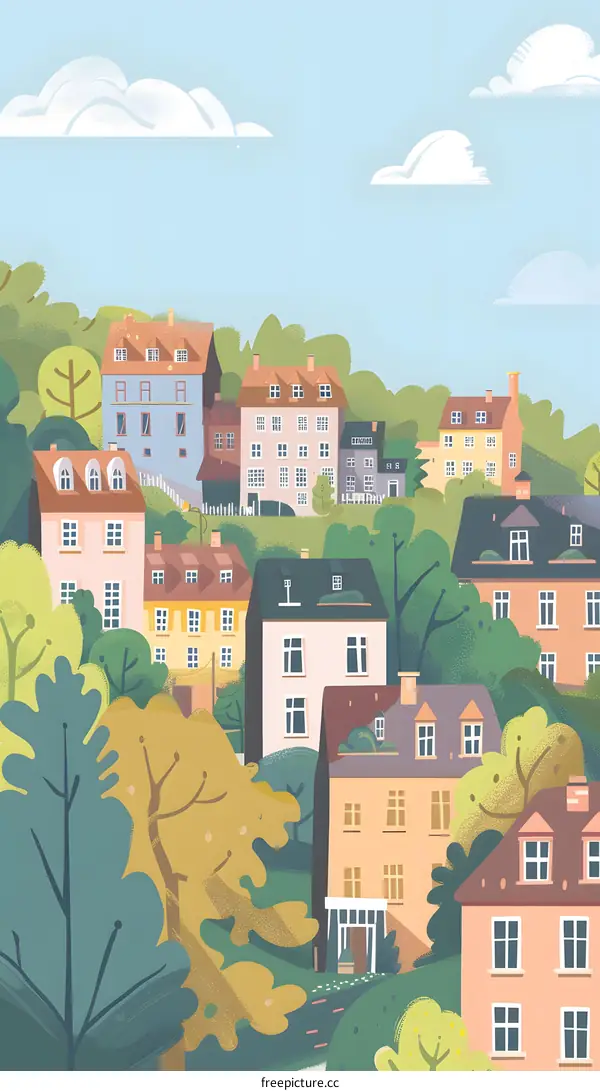 Colorful Illustration of a Village with Houses and Trees