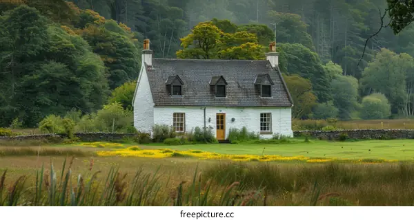 Charming White Cottage in a Lush Green Field