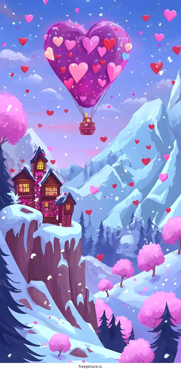 Heart Shaped Hot Air Balloon Flying Over Snowy Mountains