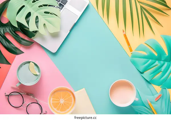 Summer Flat Lay With Laptop, Coffee, Tropical Leaves and Pastel Colors
