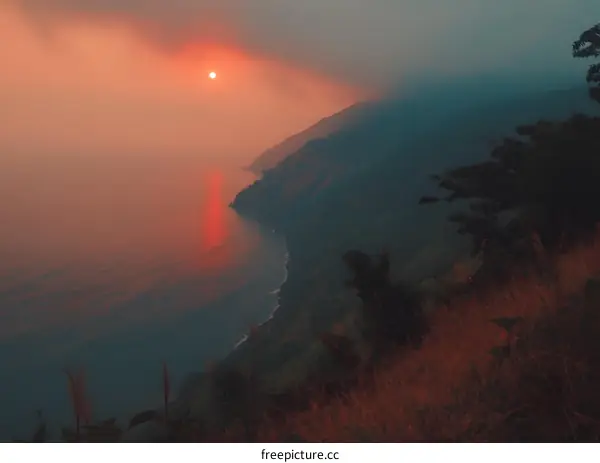 Sunset Over the Ocean with Coastal Mountain View