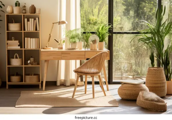 A wooden desk and chair in a home office with a large window and a lot of plants