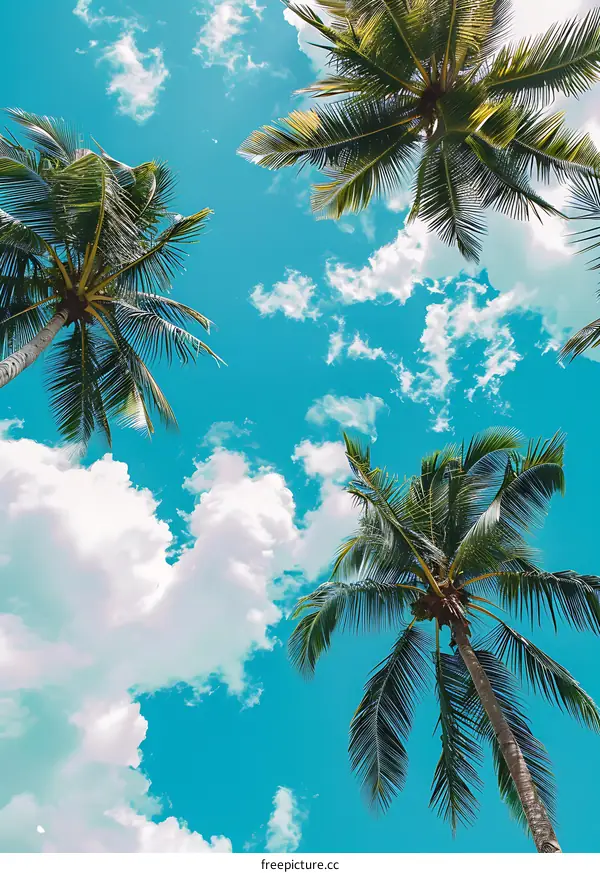 Tropical Palm Trees Against Blue Sky With Fluffy White Clouds