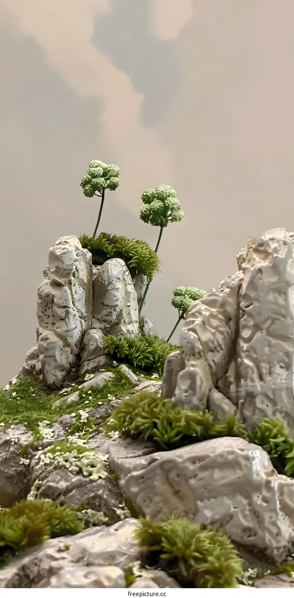 Miniature Landscape with White Rocks and Green Plants
