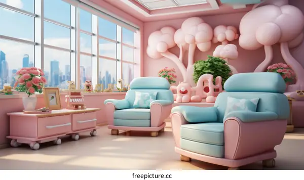 A pink and blue living room with a city view