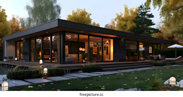 Modern lakeside house with autumn view