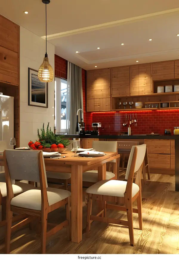 Modern Kitchen with Wooden Cabinets and Red Tile Backsplash
