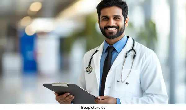 Smiling Doctor Holding Clipboard in Hospital