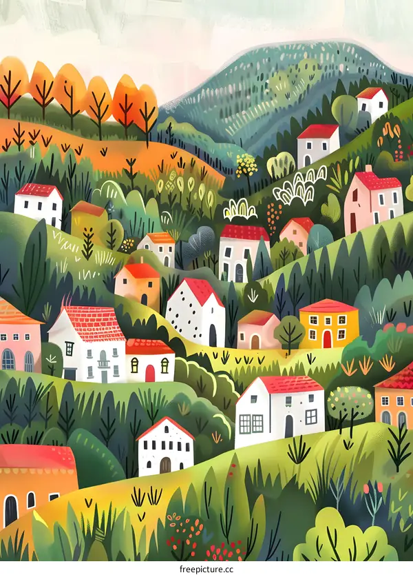 Cute Colorful Village Landscape Illustration