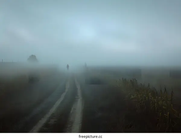 Lonely Figure Walking on a Foggy Road