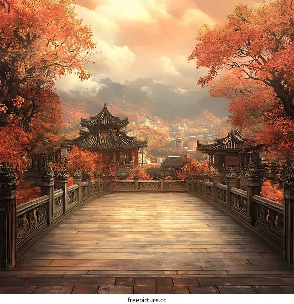 Autumn Landscape with Chinese Pagoda and Wooden Bridge