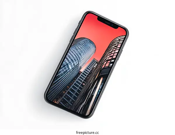 Black Smartphone with Cityscape on Screen