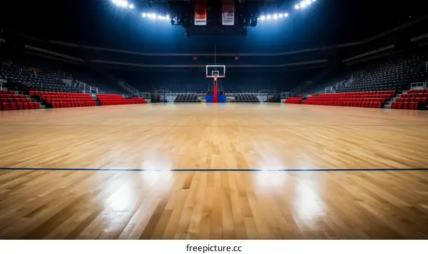 Basketball court with red and black seats and bright lights